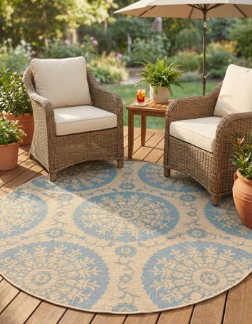 Aqua Easy-Clean Botanical Indoor / Outdoor Round Rug