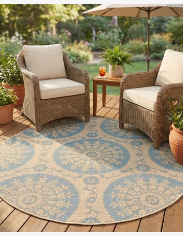Aqua Easy-Clean Botanical Indoor / Outdoor Round Rug