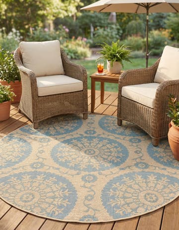 Aqua Easy-Clean Botanical Indoor / Outdoor Round Rug