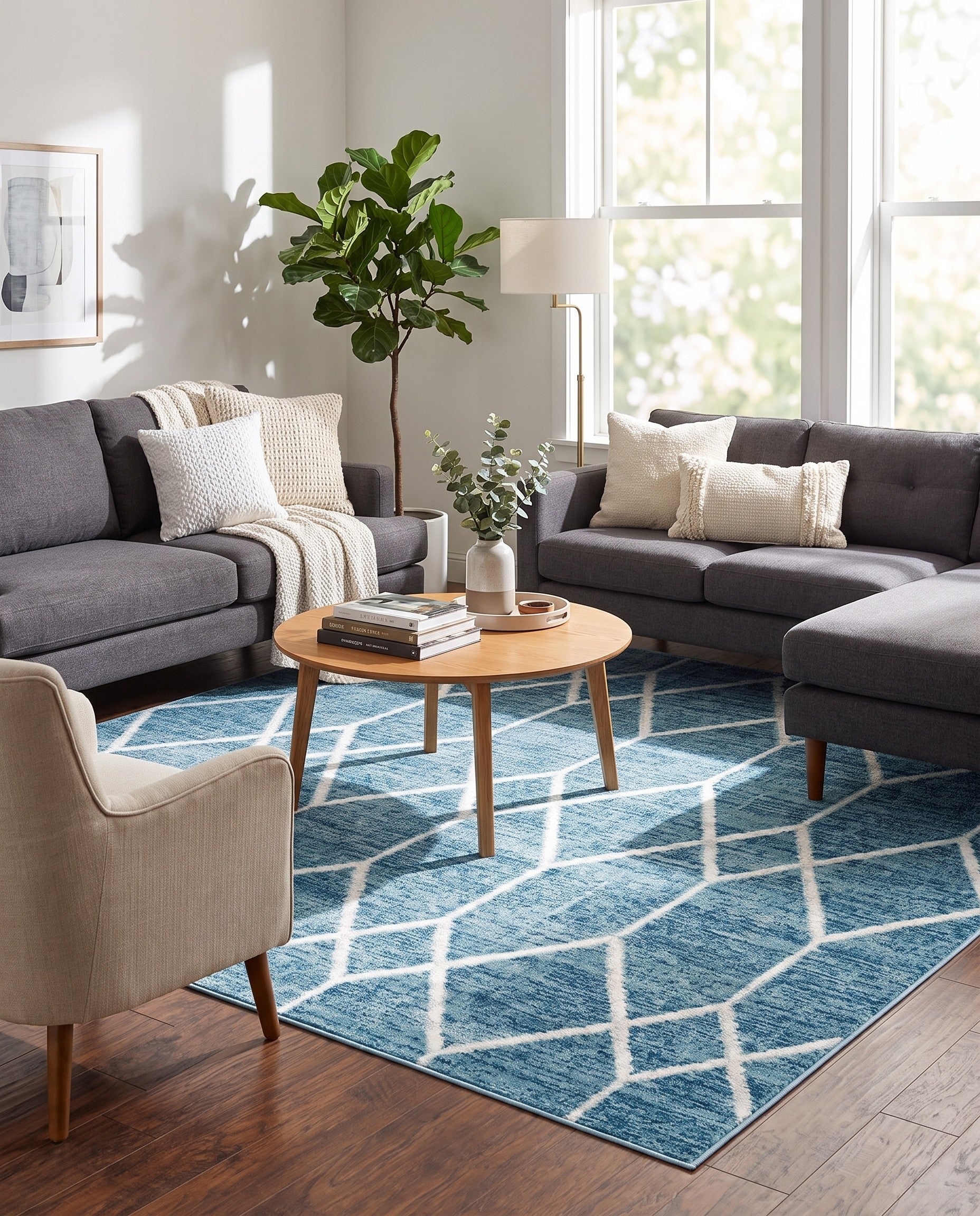 Blue Lattice Trellis Square Rug