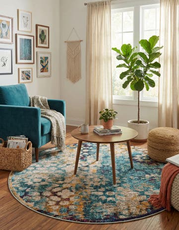 Blue Washable Carnevale Round Rug