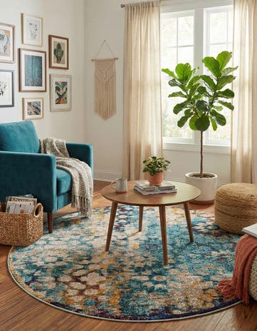 Blue Washable Carnevale Round Rug