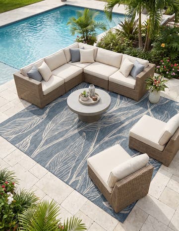 Teal Easy-Clean Botanical Indoor / Outdoor Square Rug