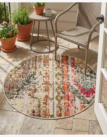 Multi Beige Easy-Clean Casablanca Indoor / Outdoor Round Rug