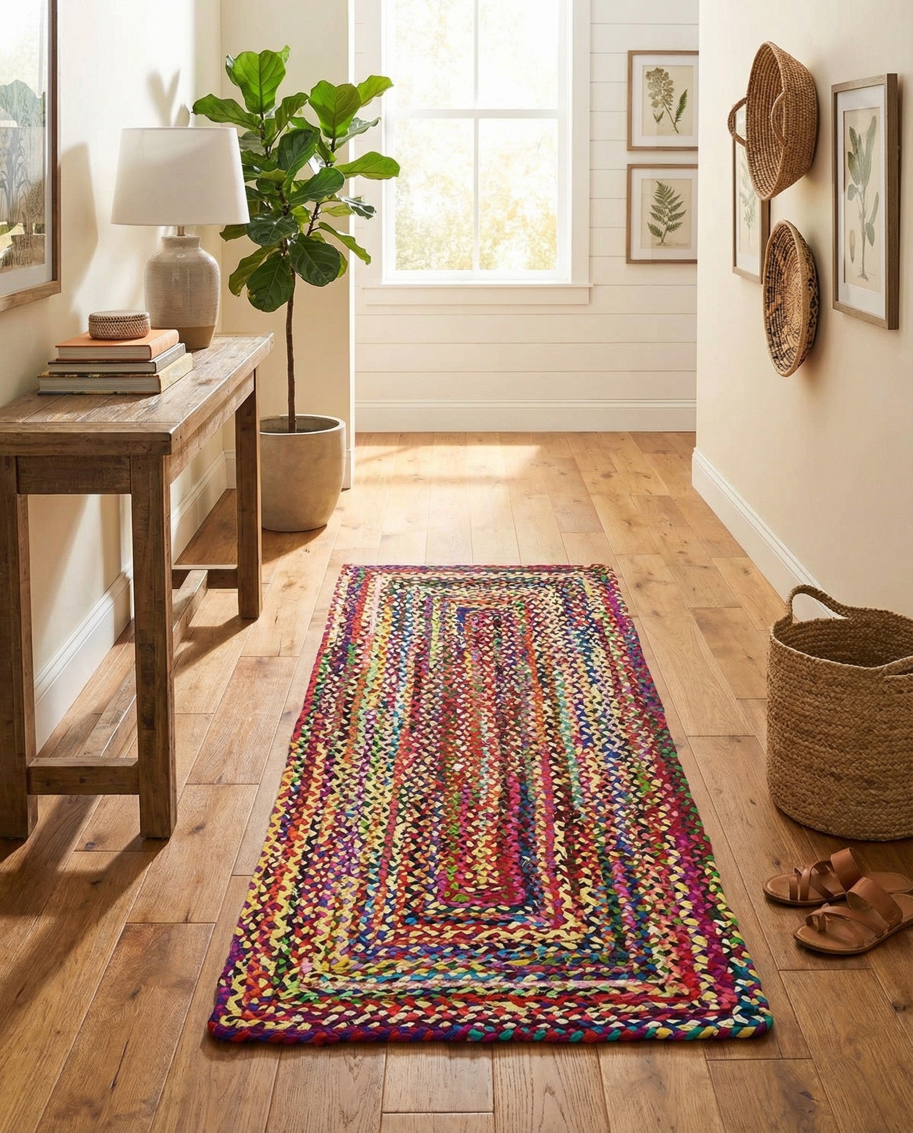 A vibrant 6 ft multi-colored braided cotton runner rug with a textured, flatweave pattern, ideal for a hallway.