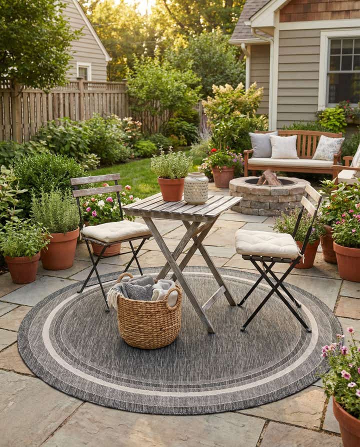 5' 3 x 5' 3 Easy-Clean Border Indoor / Outdoor Round Rug