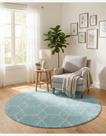 Light Blue Trellis Frieze Round Rug
