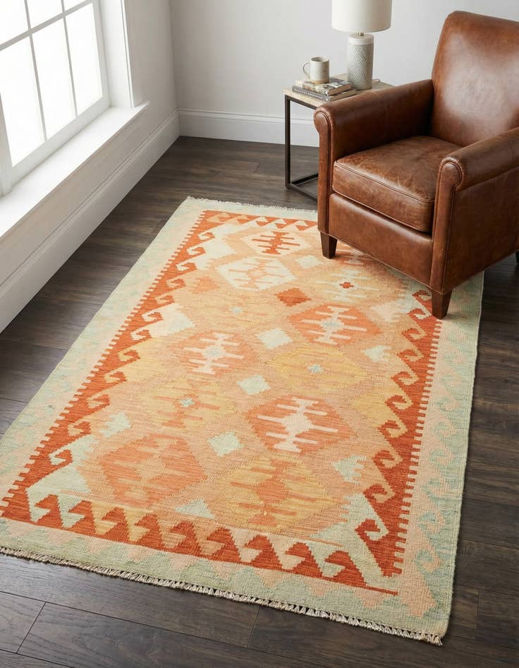 Detail image of 3' 2 x 4' 10 Hand Woven Kilim Waziri Wool Rug