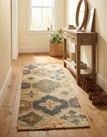 Blue and Green Hand Woven Kala Handwoven Jute Runner Rug