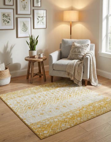Ivory and Yellow Moroccan Trellis Square Rug