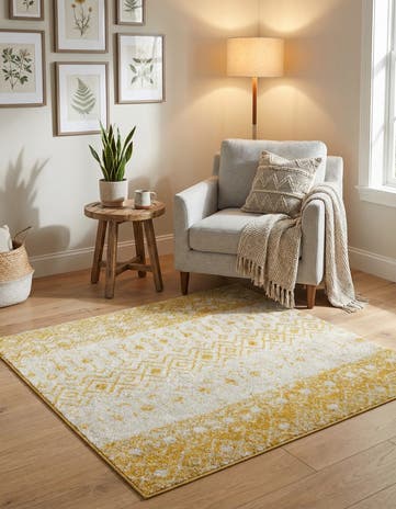 Ivory and Yellow Moroccan Trellis Square Rug