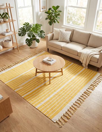 Gold and White Hand Woven Chindi Cotton Square Rug