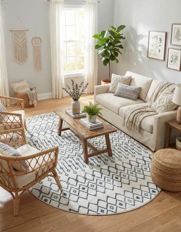 Coastal White Bohemian Trellis Oval Rug