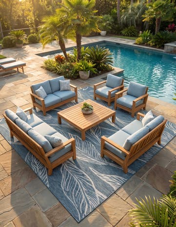 Teal Easy-Clean Botanical Indoor / Outdoor Square Rug