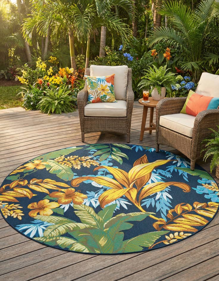Detail image of 7' x 7' Washable Botanical Indoor / Outdoor Round Rug