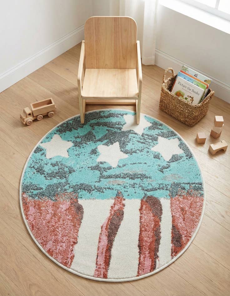 Detail image of 3' 3 x 3' 3 American Flag Whimsy Kids Round Rug