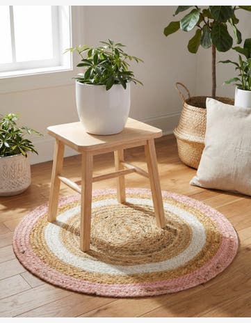 Pink White Natural Handmade Braided Jute Round Rug