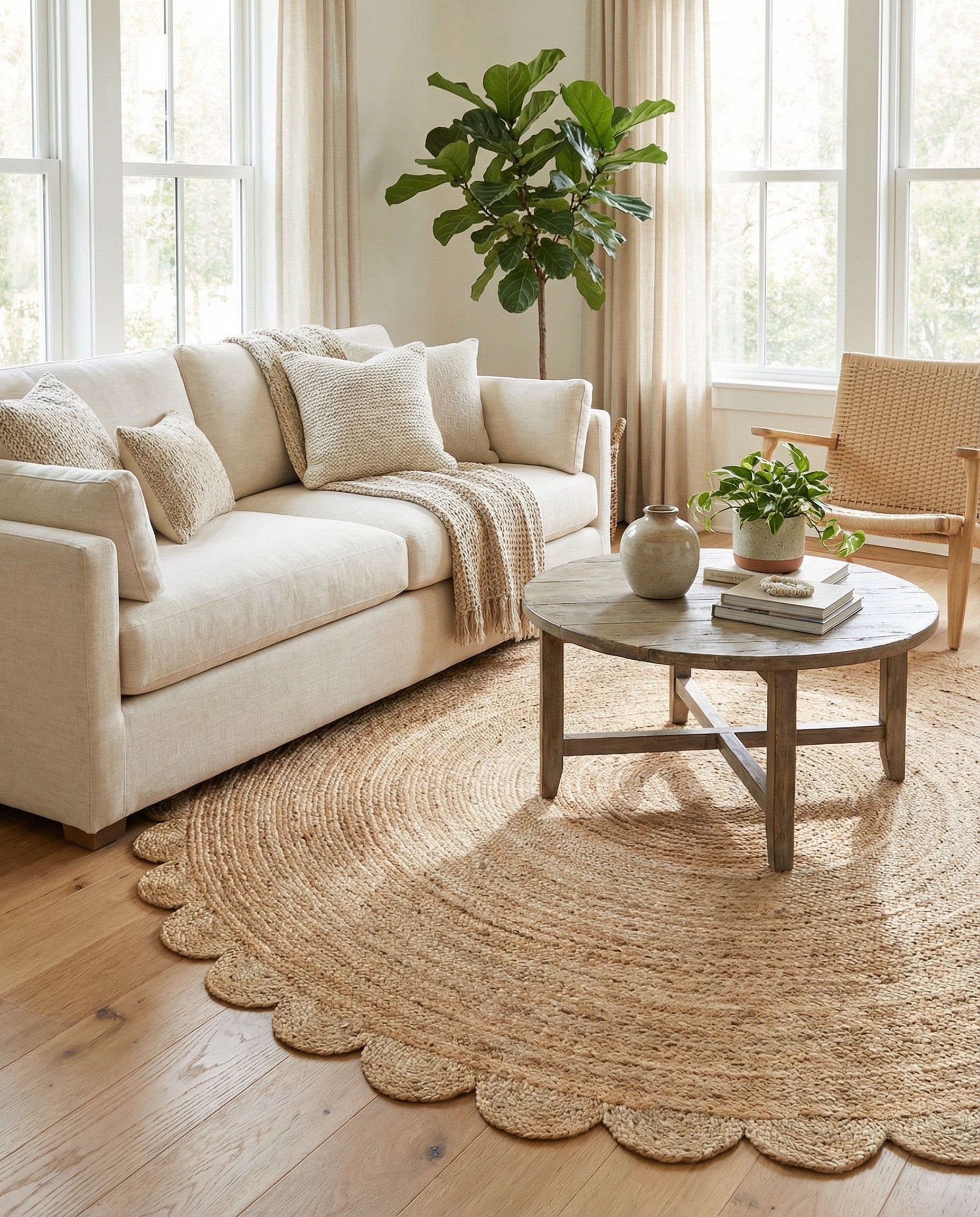 7' 10 x 7' 10  Hand Woven Scallop Braided Jute Round Rug