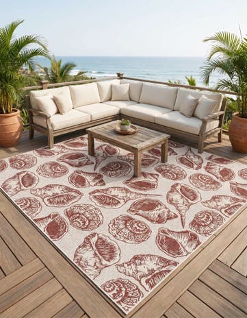 Ivory Rust Red Easy-Clean Coastal Indoor / Outdoor Square Rug