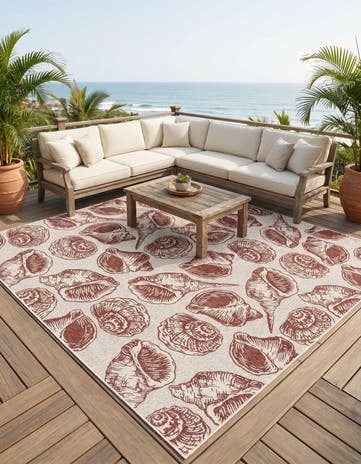 Ivory Rust Red Easy-Clean Coastal Indoor / Outdoor Square Rug