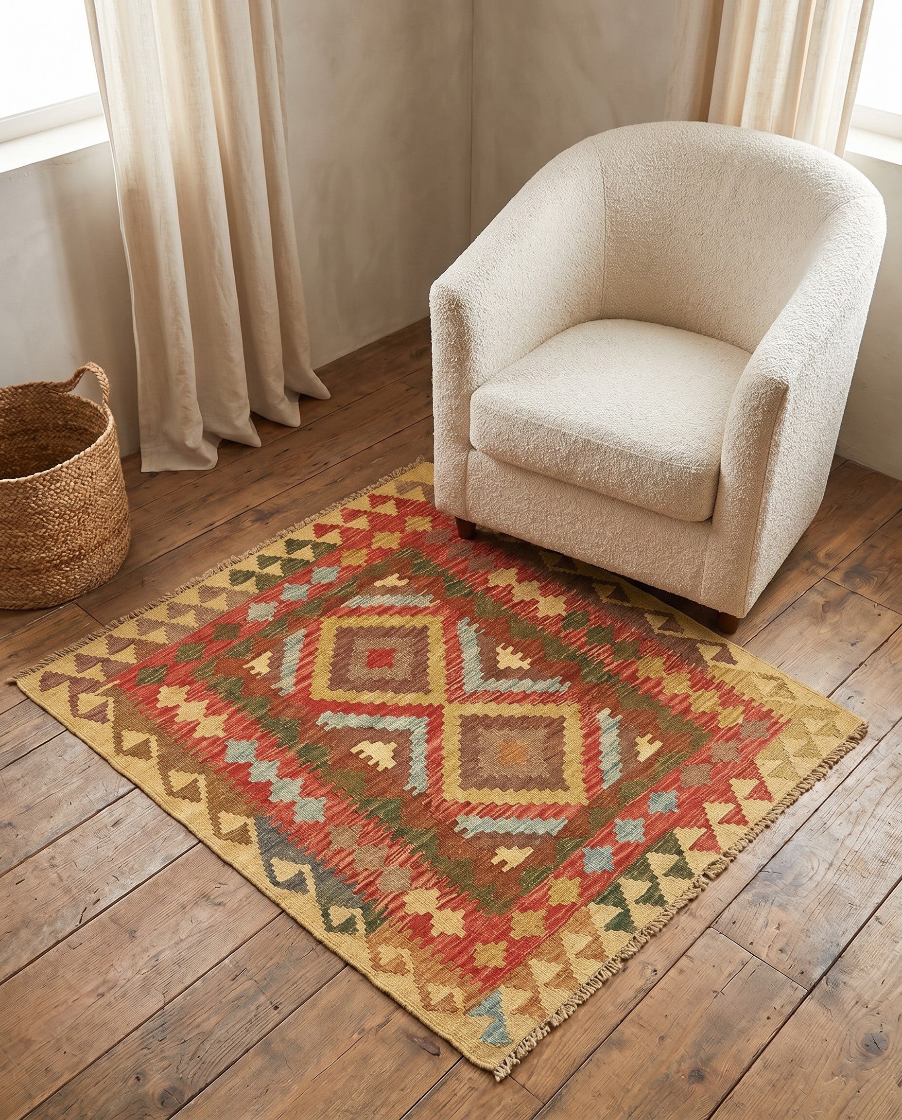 3' 1 x 3' 6 Hand Woven Kilim Maymana Wool Square Rug