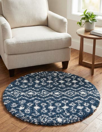 Navy Blue Moroccan Trellis Shag Round Rug