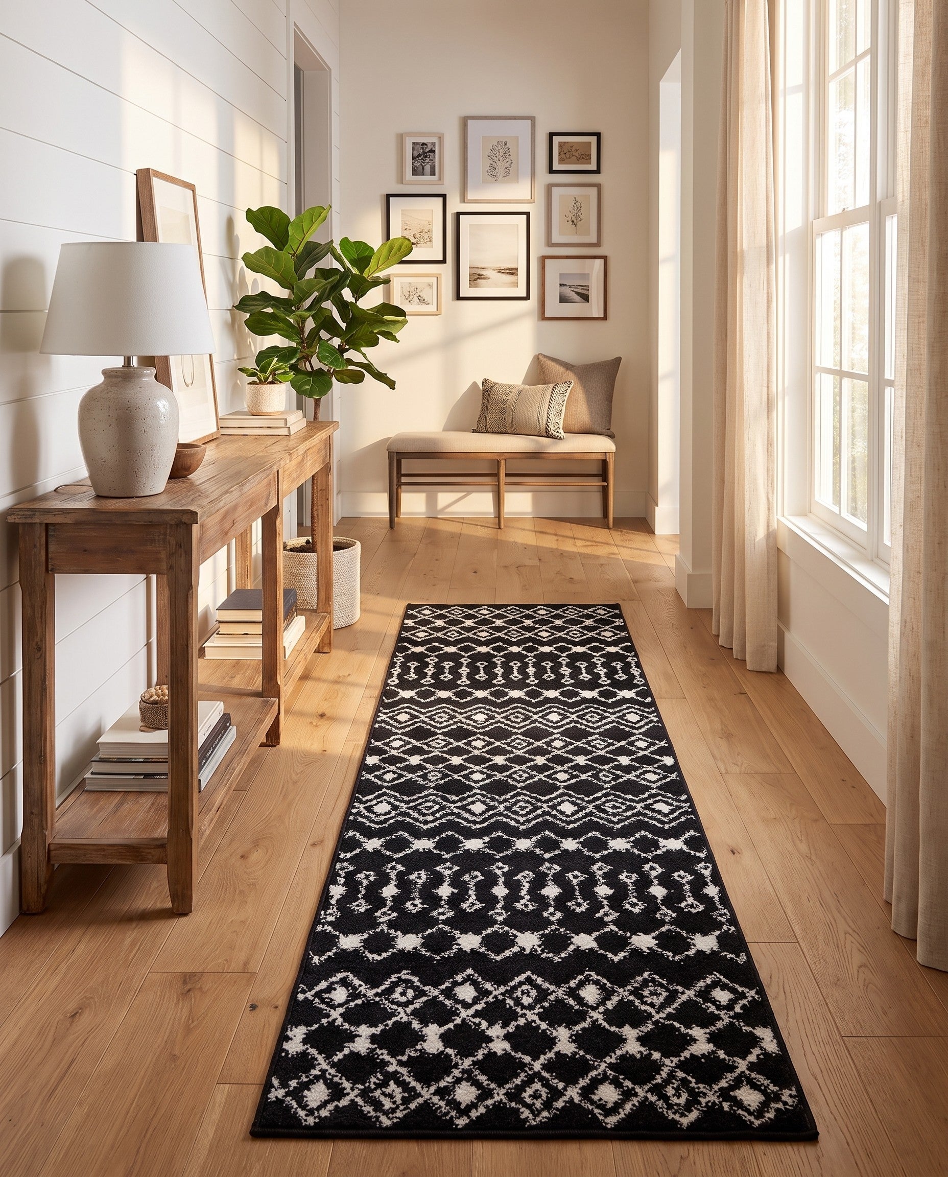 Black and White Moroccan Trellis Runner Rug