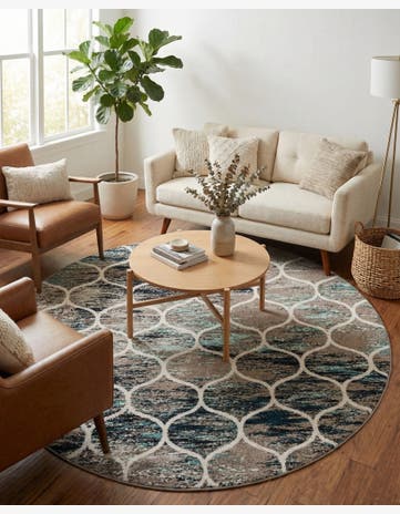 Blue Multi Lattice Frieze Round Rug