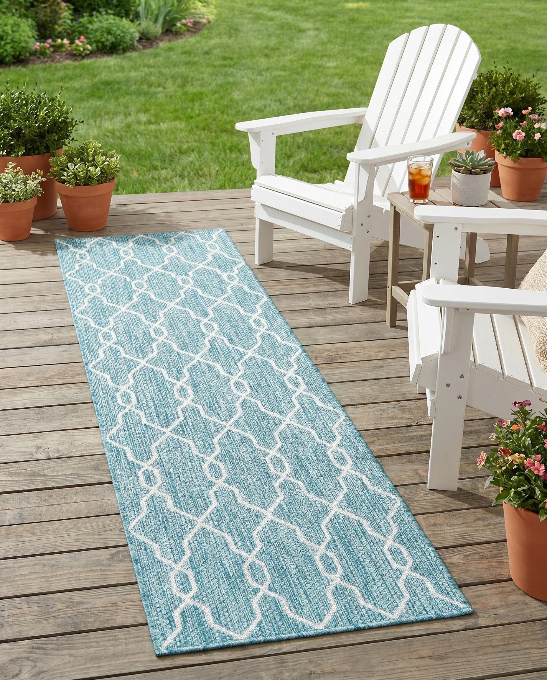Light Aqua Easy-Clean Lattice Indoor / Outdoor Runner Rug