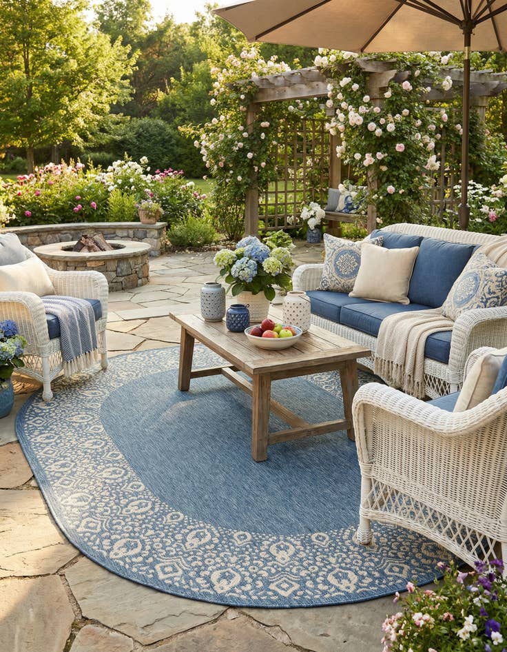 Detail image of 7' 10 x 10' Easy-Clean Border Indoor / Outdoor Oval Rug