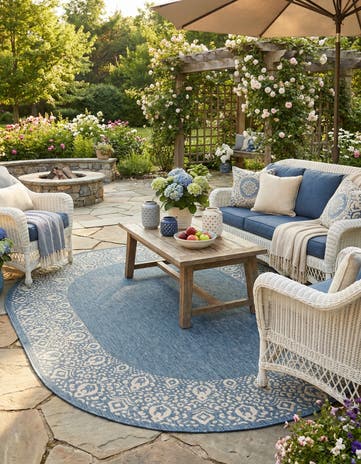 Blue Easy-Clean Border Indoor / Outdoor Oval Rug