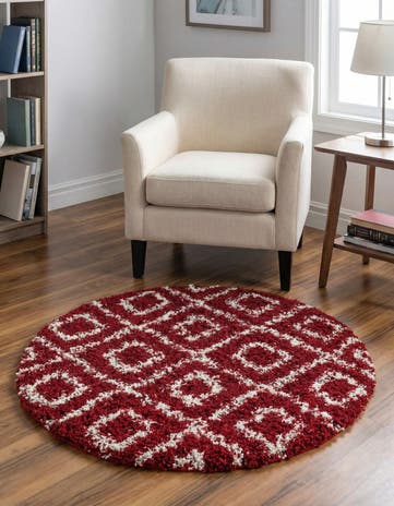 Burgundy Red Lattice Shag Round Rug