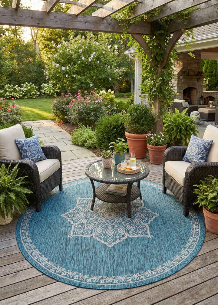 7' 10 x 7' 10 Easy-Clean Traditional Indoor / Outdoor Round Rug