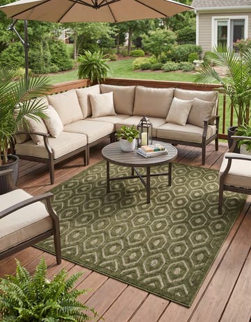 Green Easy-Clean Trellis Textured Indoor / Outdoor Square Rug