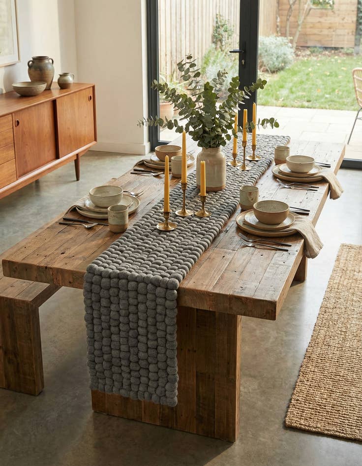 Detail image of 1' 2 x 6' 1  Hand Woven Felt Ball Wool Table Runner Rug