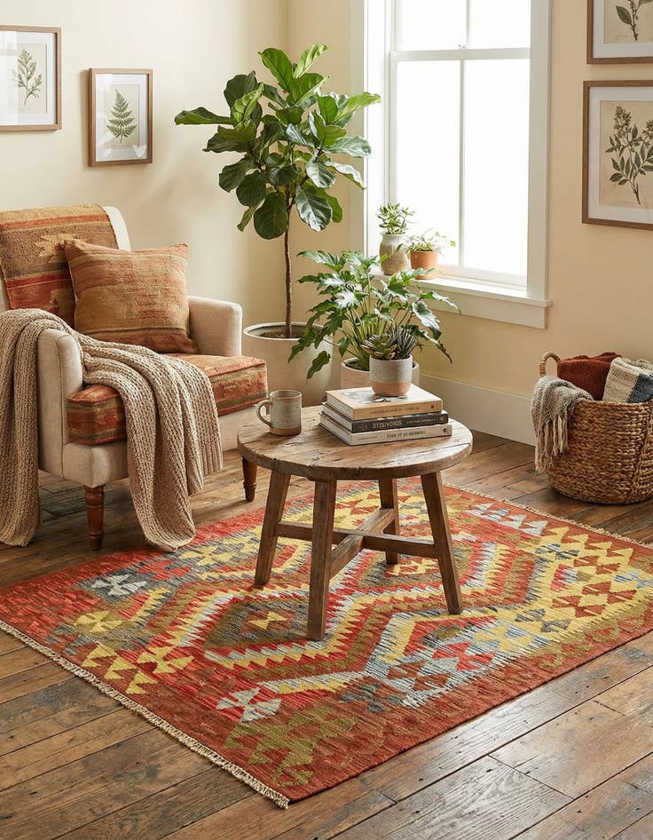 Detail image of 3' 4 x 3' 10 Hand Woven Kilim Maymana Wool Square Rug