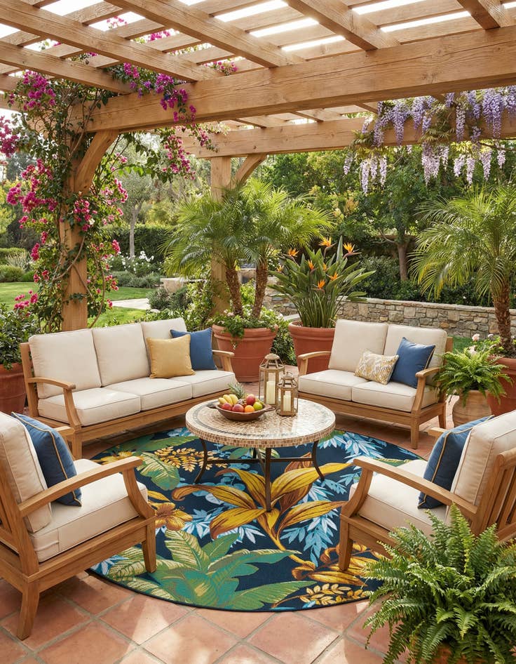 Detail image of 7' 10 x 7' 10 Washable Botanical Indoor / Outdoor Round Rug