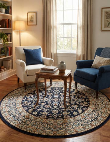 Navy Blue Nain Design Round Rug
