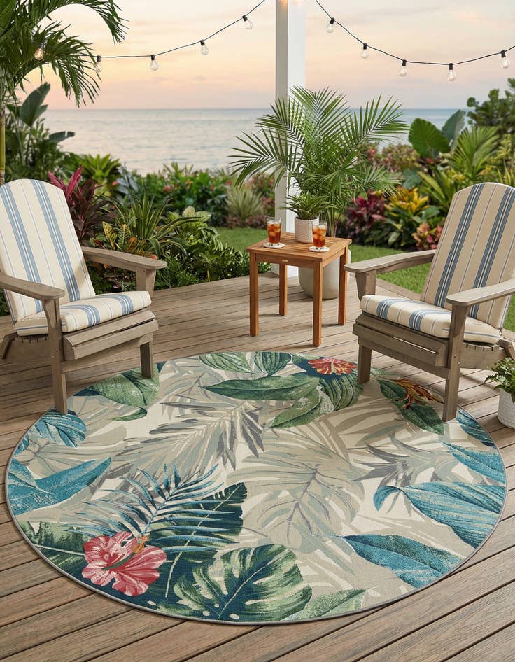 Detail image of 7' x 7' Washable Botanical Indoor / Outdoor Round Rug