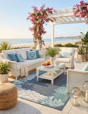 Navy Blue Easy-Clean Coastal Indoor / Outdoor Rug