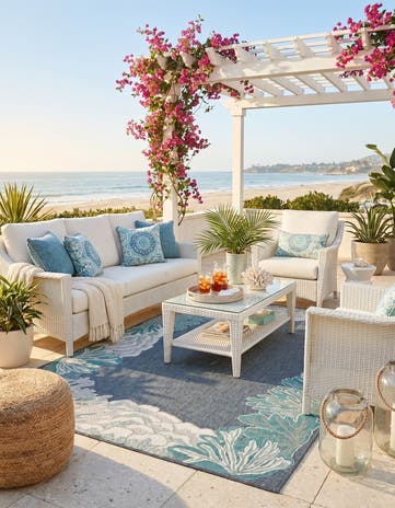 Navy Blue Easy-Clean Coastal Indoor / Outdoor Rug