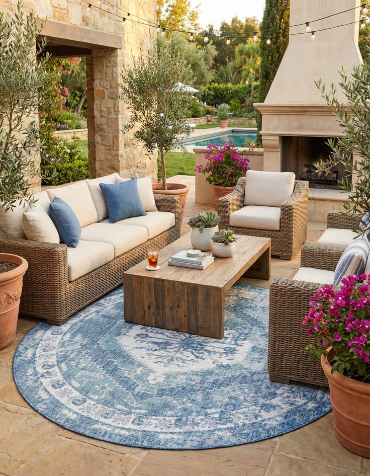Detail image of 10' x 10' Easy-Clean Traditional Indoor / Outdoor Round Rug