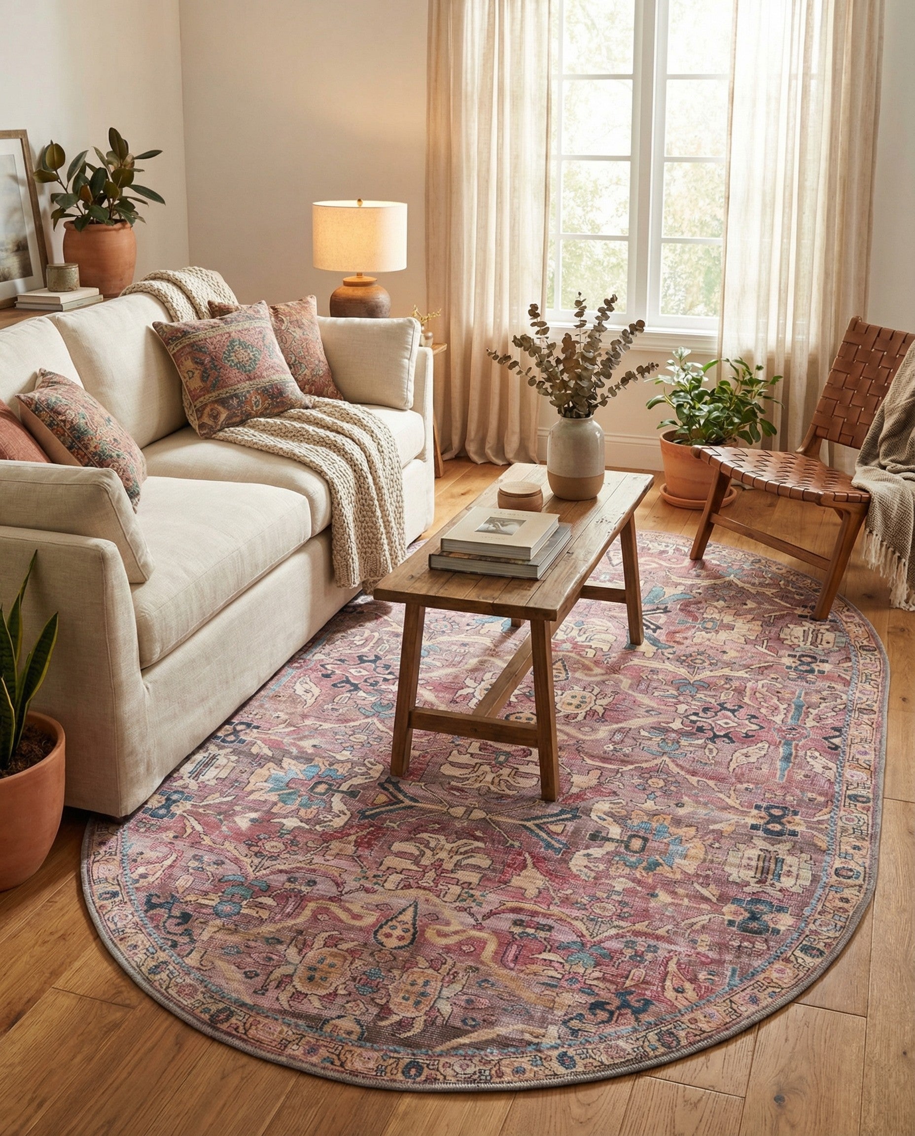 Pink Washable Nostalgia Oval Rug