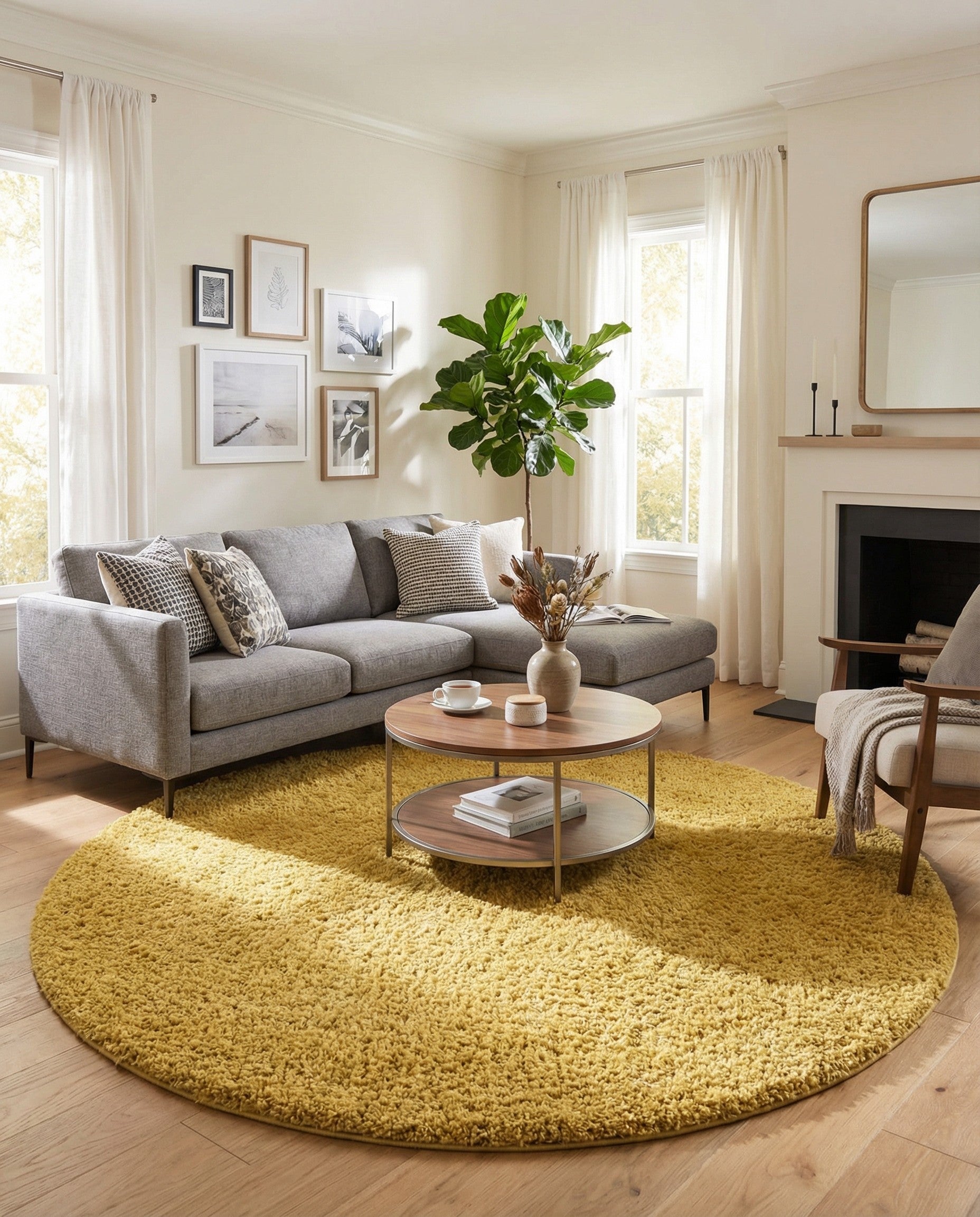 A soft, round 7' 10 x 7' 10 yellow shag rug with a textured pile, perfect for an indoor living space.