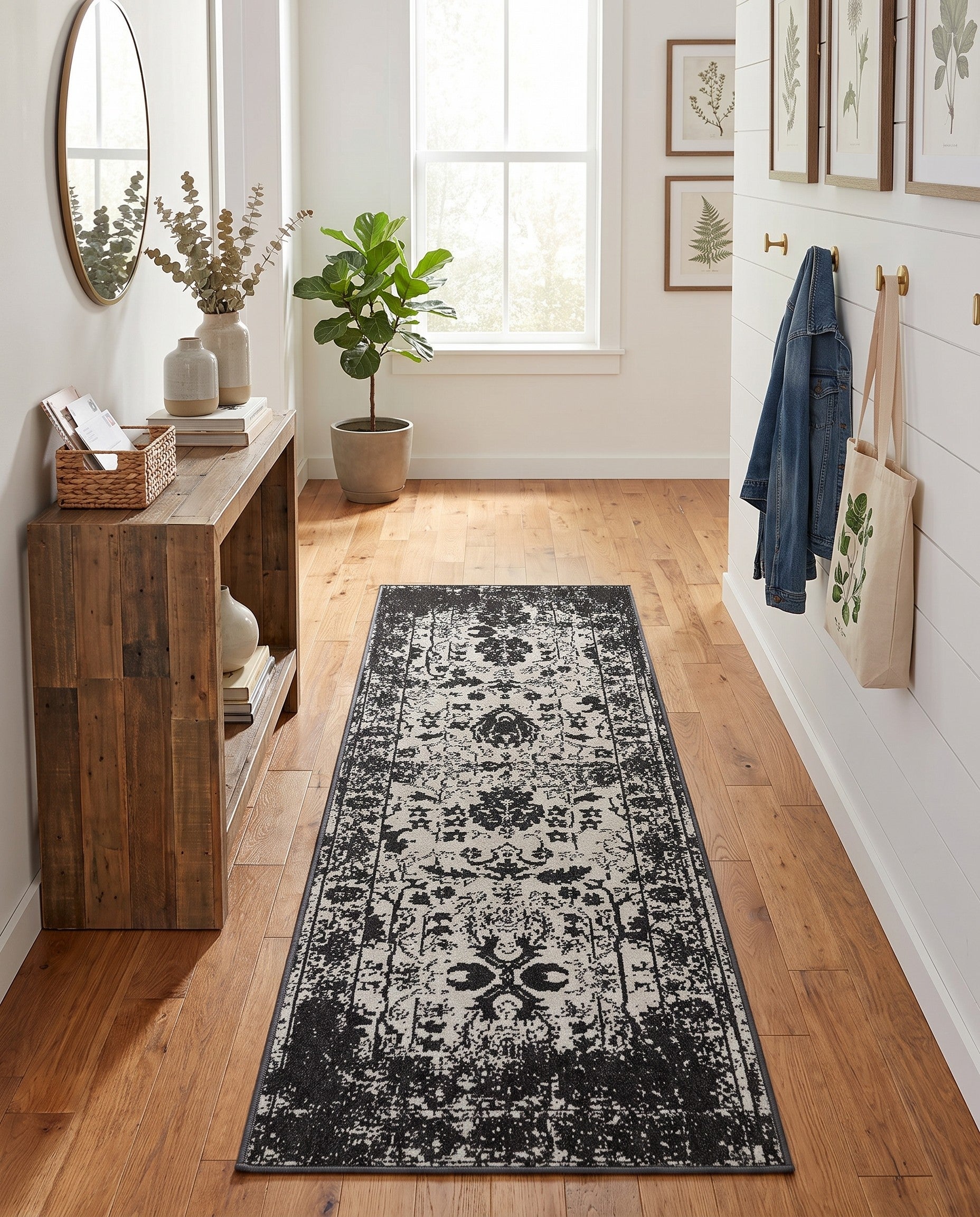 Black and White Kamala Washable Runner Rug
