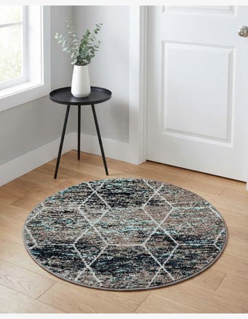 Blue Multi Lattice Frieze Round Rug