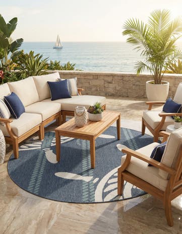 Navy Blue Easy-Clean Coastal Indoor / Outdoor Round Rug