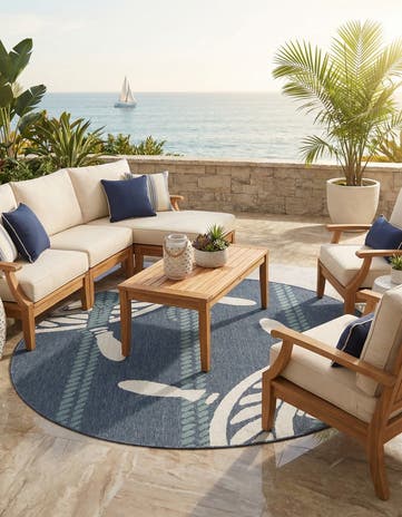 Navy Blue Easy-Clean Coastal Indoor / Outdoor Round Rug