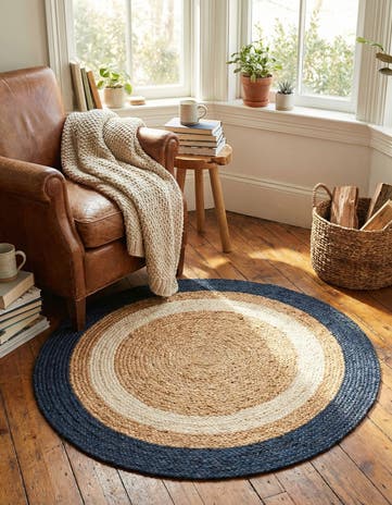 Navy Blue White Natural Handmade Braided Jute Round Rug