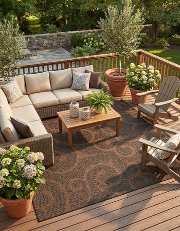Chocolate Brown Easy-Clean Botanical Indoor / Outdoor Rug